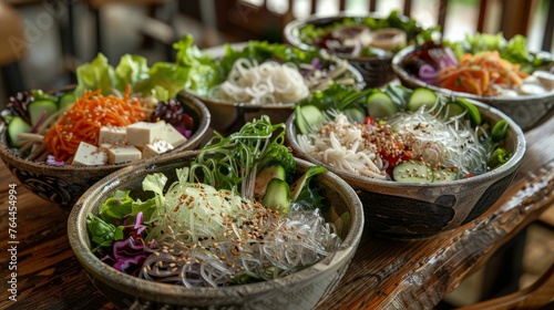 Savory Asian Cuisine Vibrant Glass Noodle Salad in Elegant Ceramic Bowls