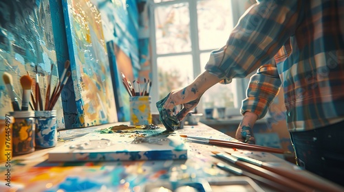 Creative Chaos Artist's Hands in a Vibrant Studio Setting