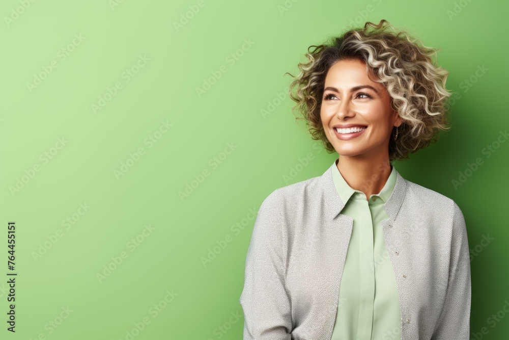 Portrait of happy smiling businesswoman with curly hair over green background Portrait of happy smiling businesswoman with curly hair over green background