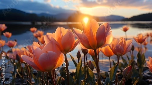 Fields of tulips bloom under the blue-orange sky in the morning. The tulips are covered with mist that trickles down the leaves