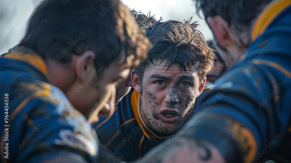 Obraz premium A group of fierce rugby players huddled together in a closeup shot ready for the scrum.