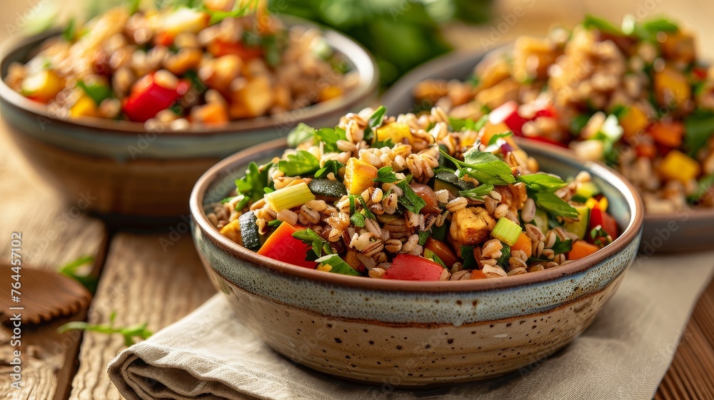 Wholesome Grain Salads Nutritious Farro Barley and Freekeh with Roasted Vegetables in Natural Light Healthy Eating and Wellness Concept