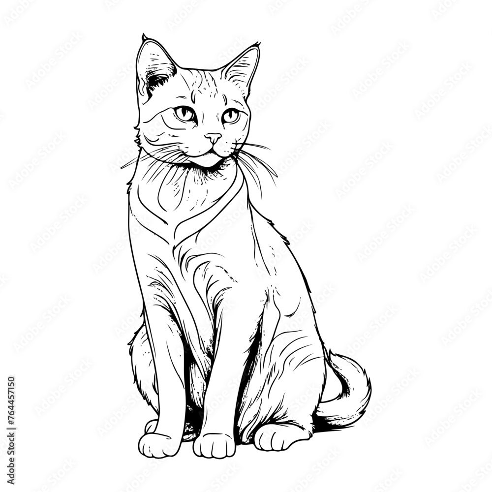 Line art of a cat's complete body in black and white.