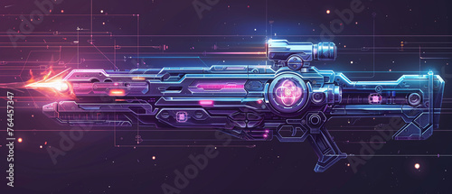 A retro-futuristic blaster with a holographic sight that projects mystical symbols In style of game item illustration. © pprothien