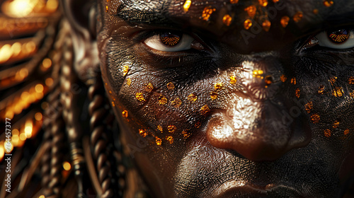 Enigmatic tribal warrior with gold flecked face and piercing gaze.