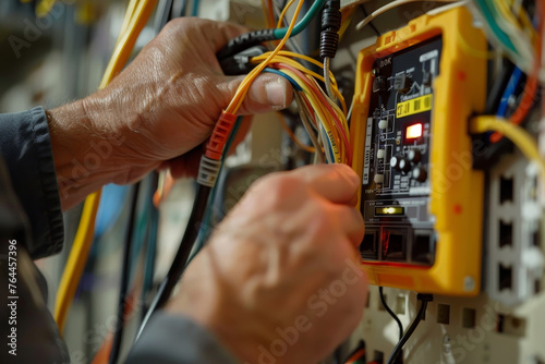 A close-up shot of an electrician hands, using a multimeter on an apartment electrical system.
