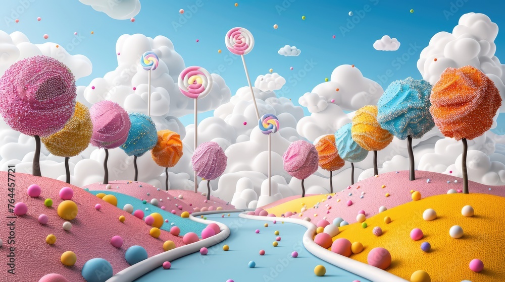 candy town lollipop trees sweets background child birthday party poster or postcard template illustration candy land town with blue sky and marshmallow clouds 