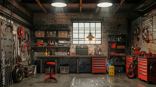 Garage Interior, Interior Garage Scene with Mechanic Tools