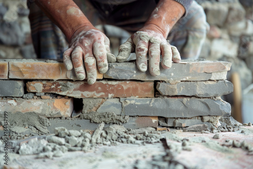 detailed image of a mason laying bricks for a new fireplace during a home repair.