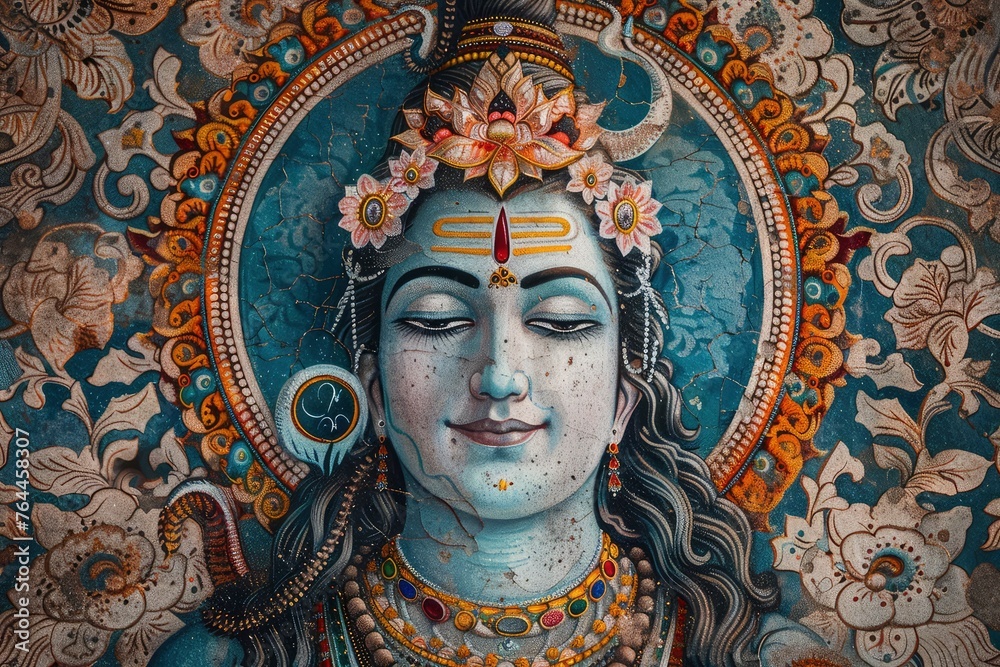 Lord Shiva portrayed in the vibrant and intricate style of Mughal art, with bright colors and detailed patterns, celebrating his divine  generative ai