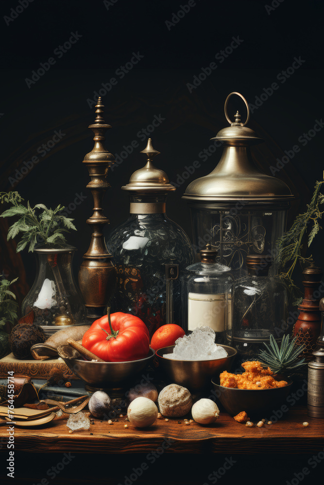 Still life of aromatic spices and heirloom kitchenware on a rich, dark backdrop. Generative AI.