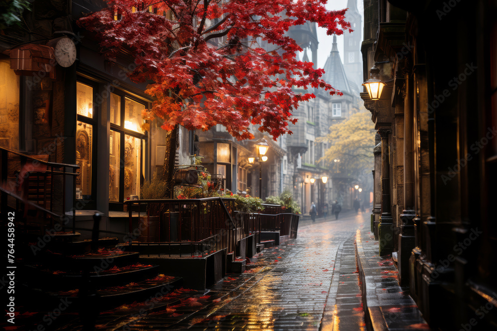 Autumn leaves sprinkle magic on a serene, cobblestone alley by twilight.