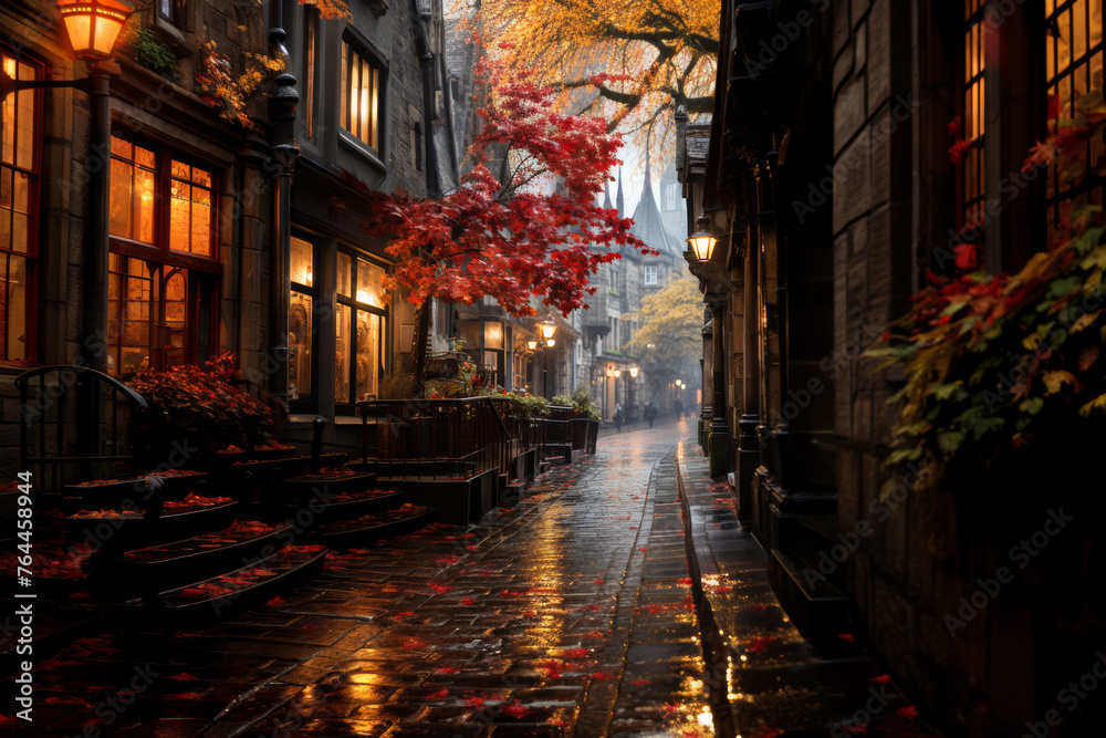Misty city alley bathed in autumn twilight, flanked by glowing windows and crimson leaves. Generative AI.