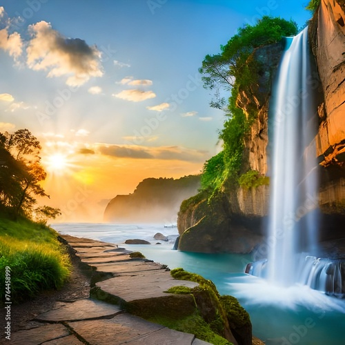 waterfall at sunset