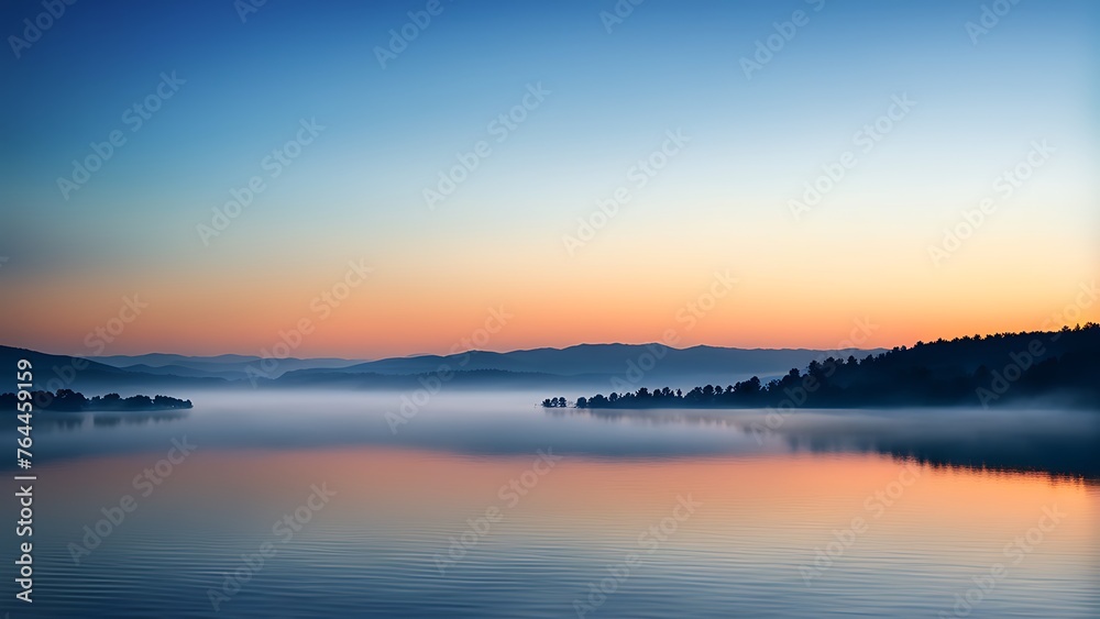 A serene lake at sunset, with sky and water painted in soft hues of blue, orange, and purple