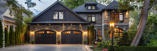 Twilight Ambiance at Stately Home with Carriage Garage Doors