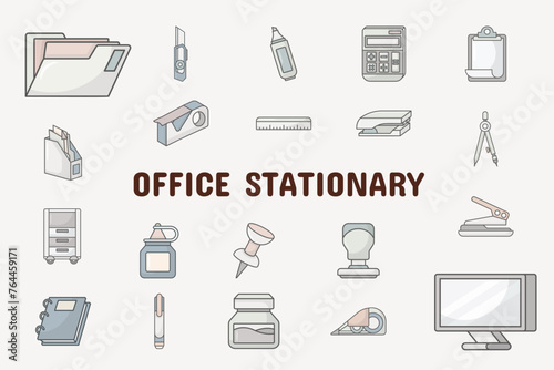 Office Stationary Lineal Color Vector Illustration Icon Sticker Set Design Materials 