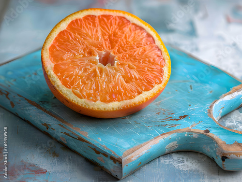 In a brightly lit, minimalist setting, a freshly cut orange half sits on a matte blue cutting board.