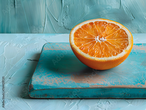 In a brightly lit, minimalist setting, a freshly cut orange half sits on a matte blue cutting board.
