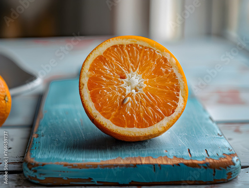 In a brightly lit, minimalist setting, a freshly cut orange half sits on a matte blue cutting board.
