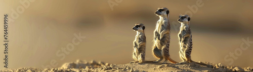 A family of meerkats standing alert on a dusty mound, scanning the horizon