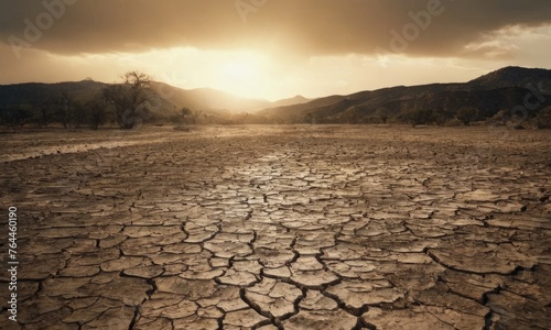 global warming, rivers have dried up, the sun is blazing and the earth is scorching, cracked by drought