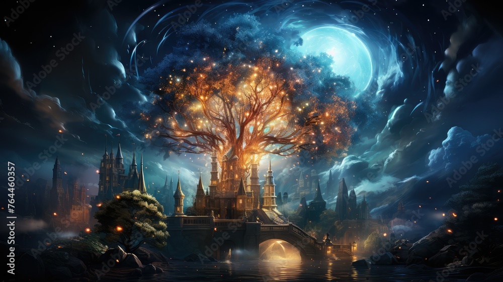 Castle surrounded by a tree, under a full moon in electric blue darkness
