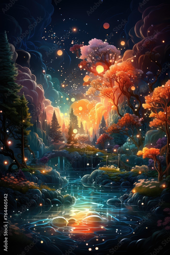 Landscape painting with a river, trees, and fireflies under the night sky
