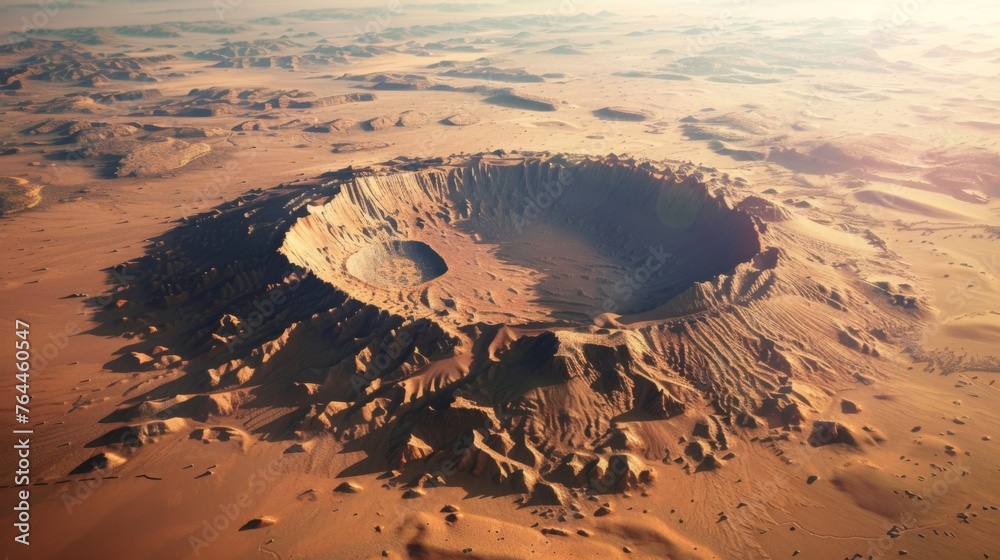 In a desolate desert landscape a massive crater serves as a reminder of the immense power of a meteorite impact. - obrazy, fototapety, plakaty 