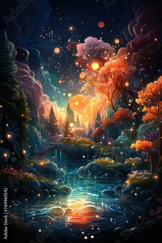 Landscape painting with a river, trees, and fireflies under the night sky © Виктория Попова