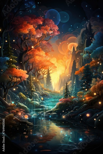 A landscape painting of a forest with trees, a river, and a vast sky © Виктория Попова
