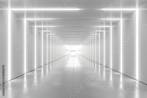 White background, symmetrical composition, rectangular tunnel with light at the end. 