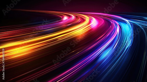 "Colorful curved light trails with a glossy effect against a dark backdrop. Suitable for technology-themed design and wallpaper"