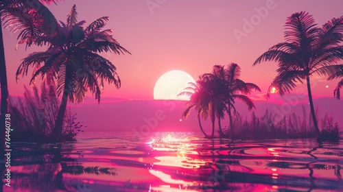 "Sunset scenery with silhouette palm trees and reflective water. Digital art illustration with a serene atmosphere. Relaxation and nature concept. Design for poster, wallpaper, banner."