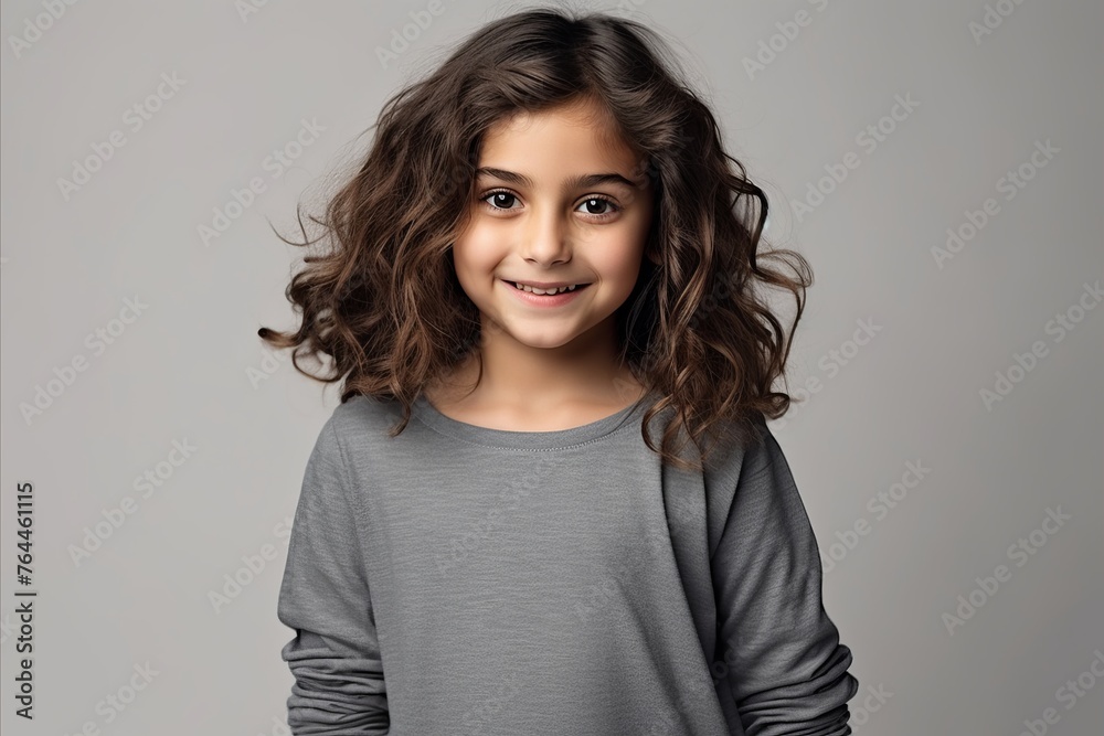 Portrait of a smiling little girl with long curly hair over grey background Portrait of a smiling little girl with long curly hair over grey background