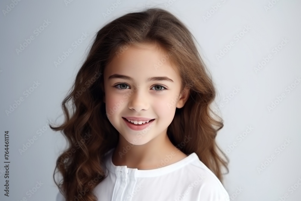 Portrait of a cute little girl with long curly hair. Studio shot.