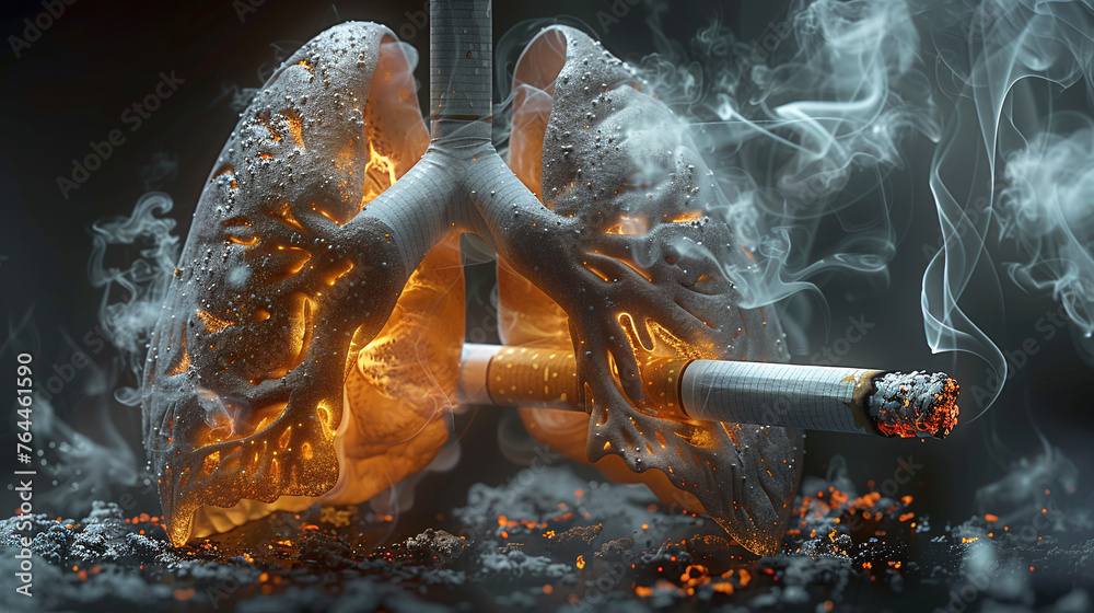 3D illustration of burnt lungs lighted up with cigarettes, smoking as