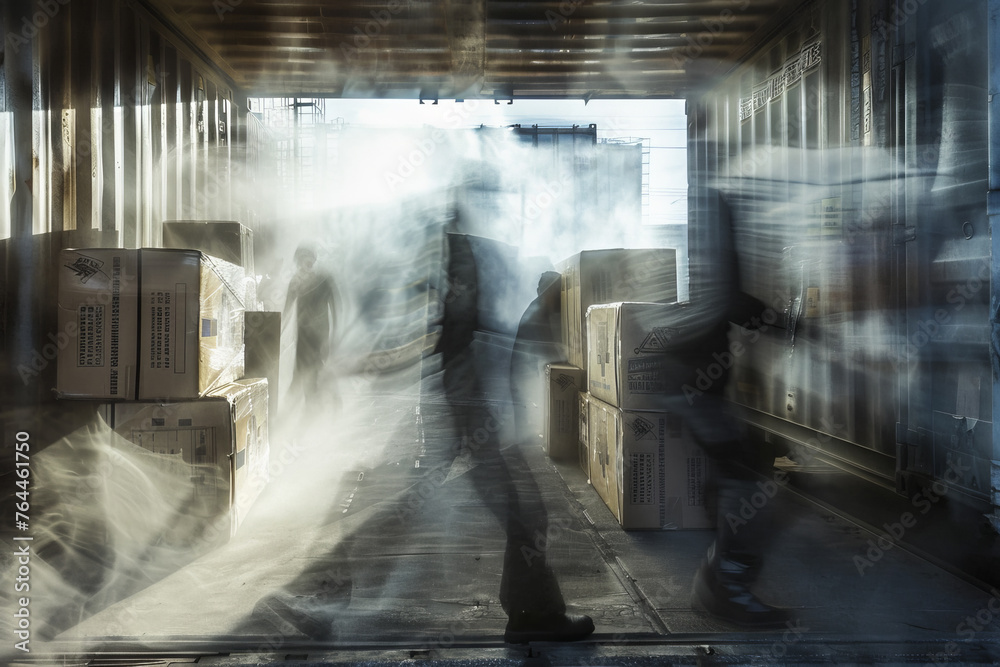 An abstract image of movers unloading boxes from a container truck