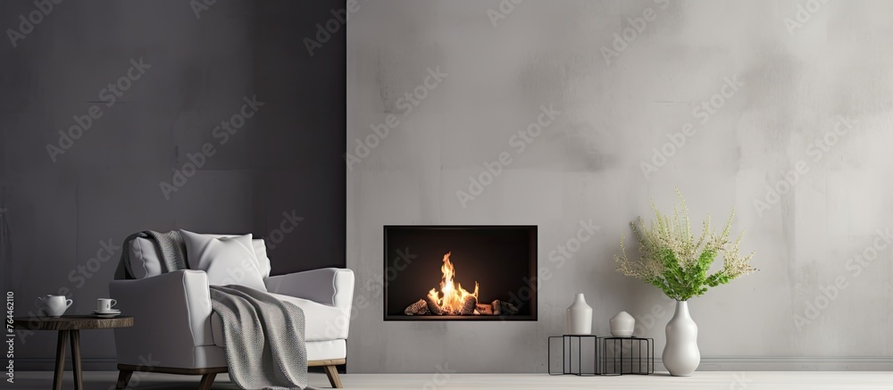 Fototapeta premium A cozy living room ambiance featuring a white chair placed beside a crackling fireplace