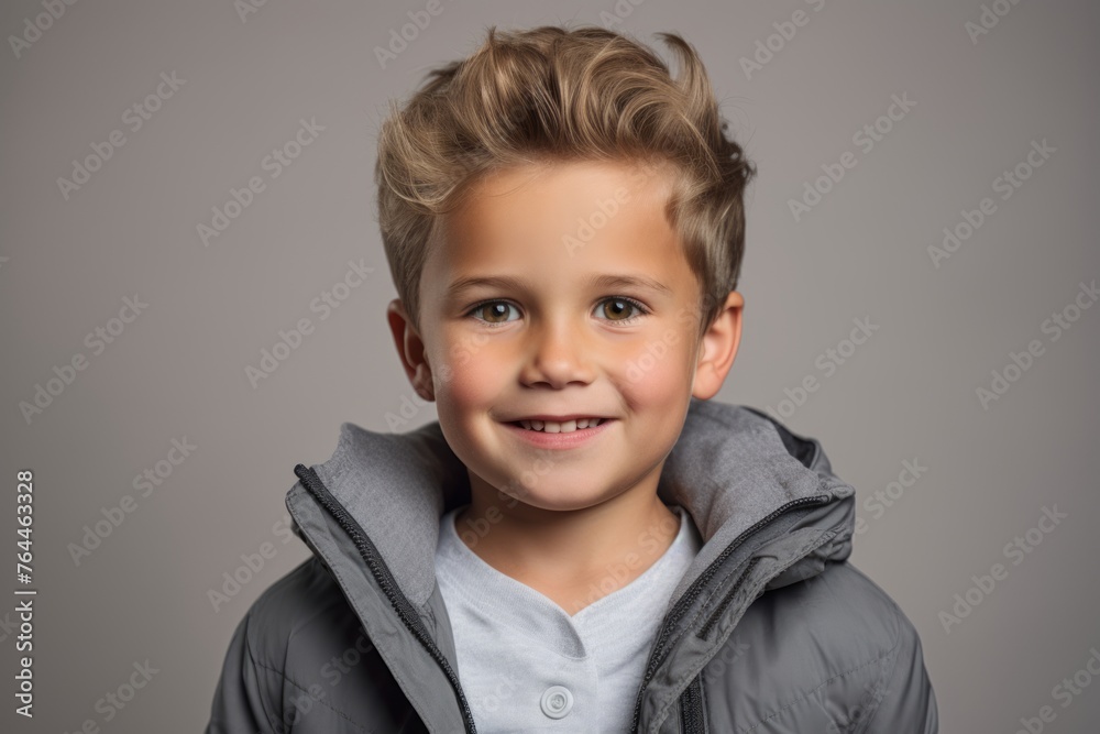 Portrait of a cute little boy in a jacket on a gray background Portrait of a cute little boy in a jacket on a gray background