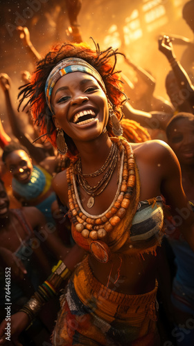 This visual narrative portrays a vibrant tribal festival in Africa. The photograph encapsulates the essence of the celebration--the colorful traditional attire  energetic dances  and communal spirit. 