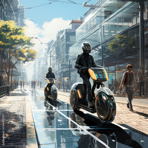 Evolving transport: Illustrating electric scooters or bikes in cityscapes, emphasizing zero-emission commuting and compact mobility