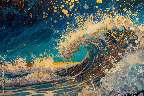 An otherworldly seascape--waves of liquid gold crash against a cerulean sky.