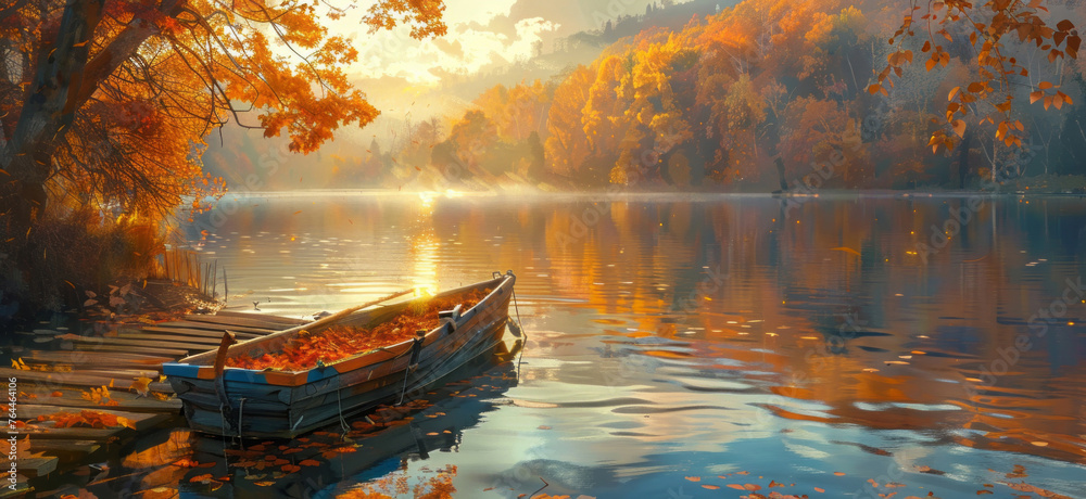 A sunrise illuminates a river on a lake, capturing the essence of a sunny autumn adventure in teal and yellow. - obrazy, fototapety, plakaty 