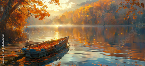 A sunrise illuminates a river on a lake, capturing the essence of a sunny autumn adventure in teal and yellow. photo
