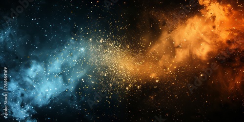 Gold gradients, yellow and blue glitter, and dust particles create a cosmic abstraction in dark cyan, light black, light silver, and orange.