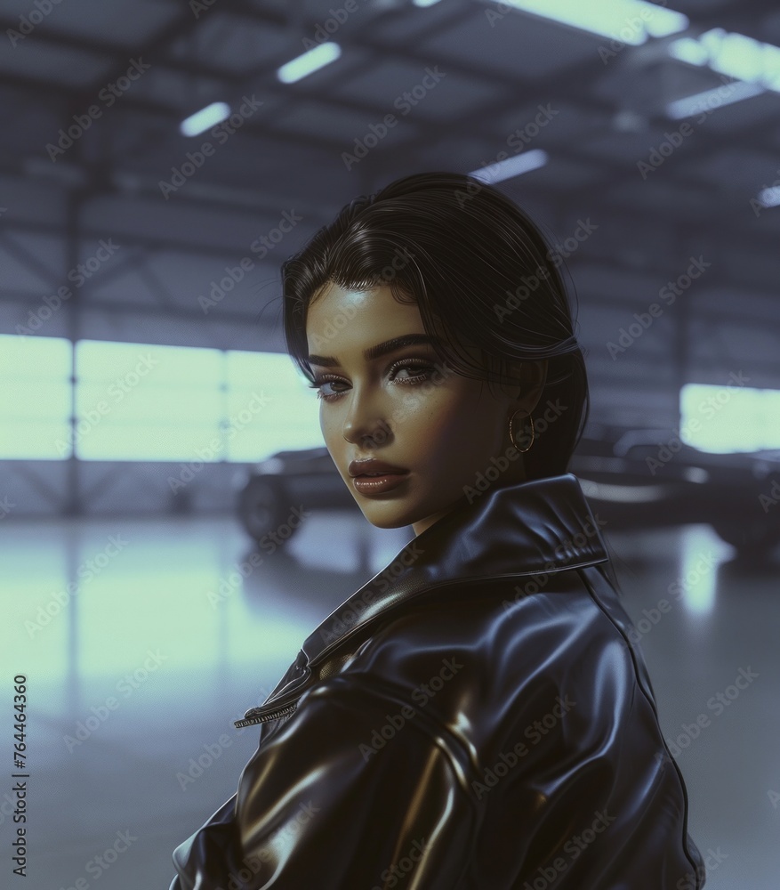 Beautiful young woman with leather jacket in retro vintage style
