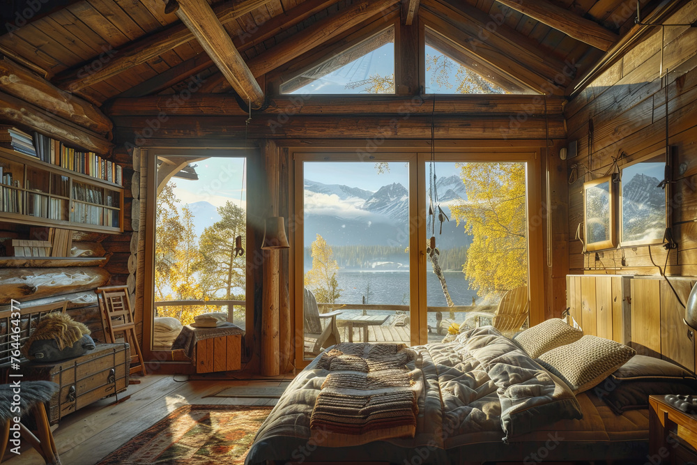 Naklejka premium A cozy cabin with a beautiful nature view