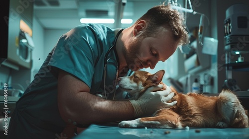A veterinarian in teal scrubs shares a tender moment with a Corgi, offering a kiss of comfort amidst the clinic's sterile surroundings.