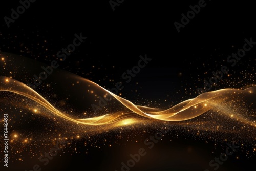 On black background golden waves with particles
